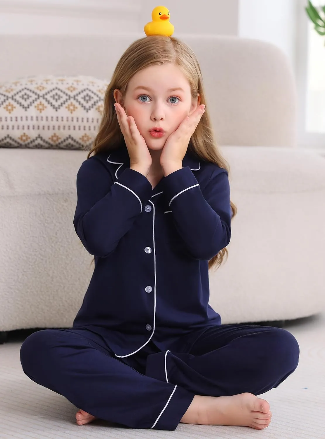 Veseacky Girls Pajamas Sets 100% Cotton PJ ButtonDown Long Sleeve 2 Piece Pajamas Set Boys Girls Pjs for Ages 5-1(120-160)