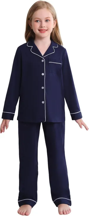Veseacky Girls Pajamas Sets 100% Cotton PJ ButtonDown Long Sleeve 2 Piece Pajamas Set Boys Girls Pjs for Ages 5-1(120-160)