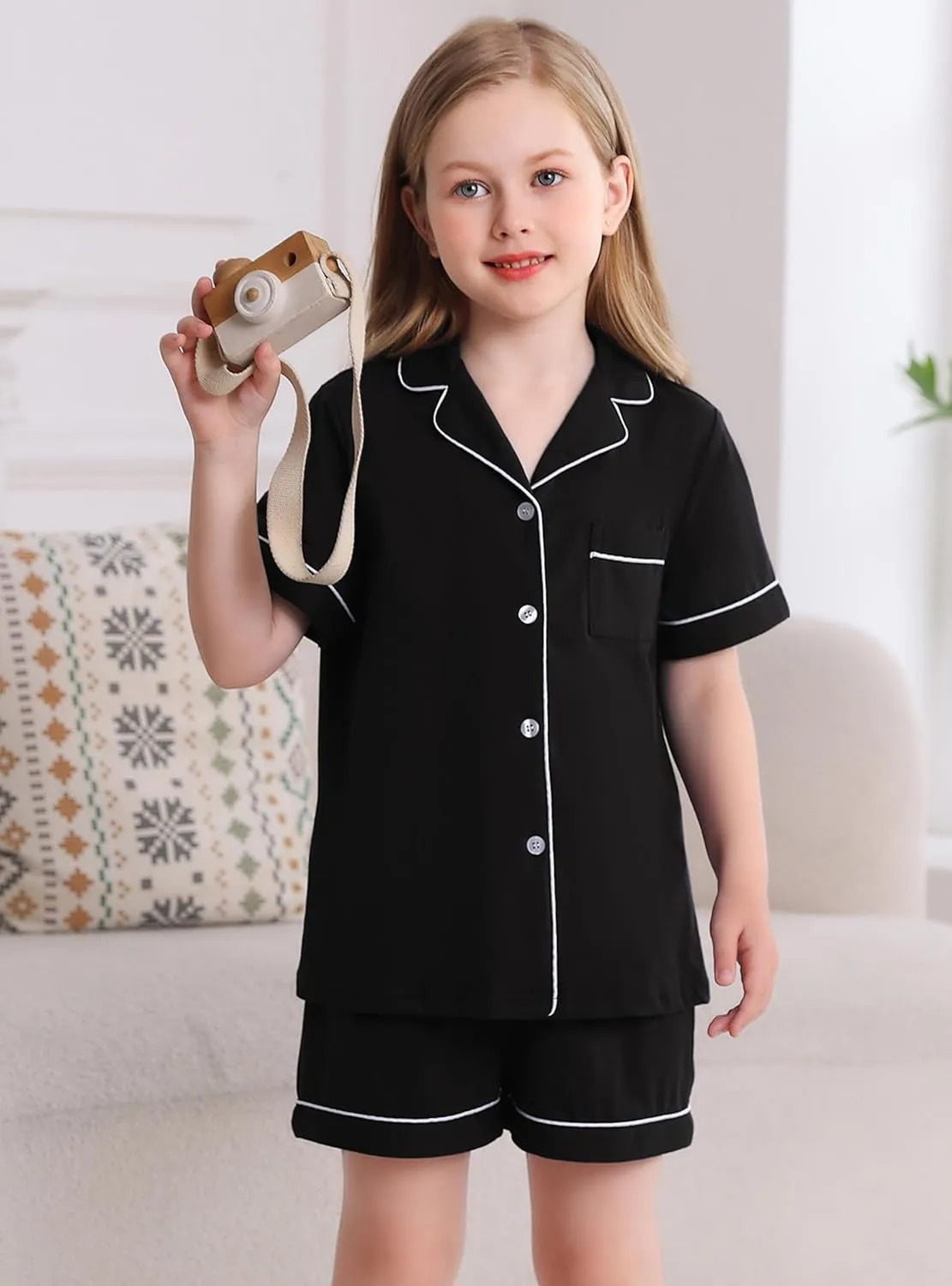 Veseacky Girls Pajamas Sets 100% Cotton PJ ButtonDown Short Sleeve 2 Piece Pajamas Set Boys Girls Pjs for Ages 5-14