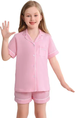 Veseacky Girls Pajamas Sets 100% Cotton PJ ButtonDown Short Sleeve 2 Piece Pajamas Set Boys Girls Pjs for Ages 5-14