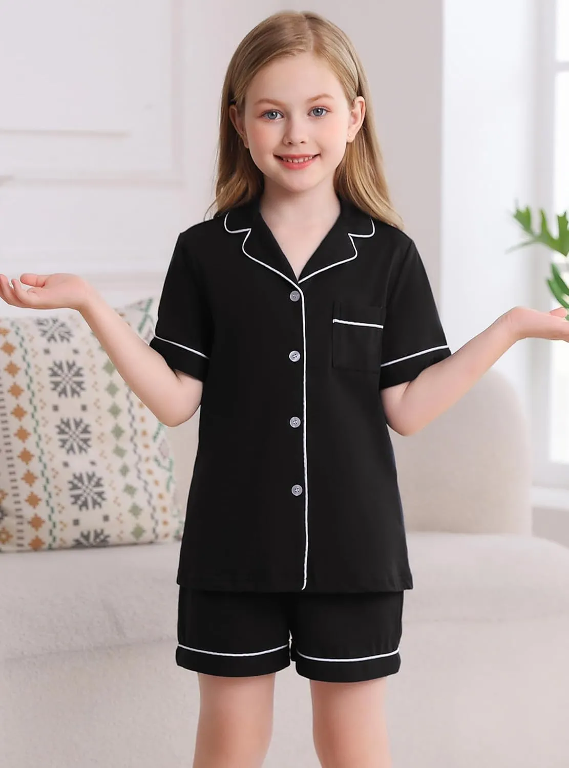 Veseacky Girls Pajamas Sets 100% Cotton PJ ButtonDown Short Sleeve 2 Piece Pajamas Set Boys Girls Pjs for Ages 5-14