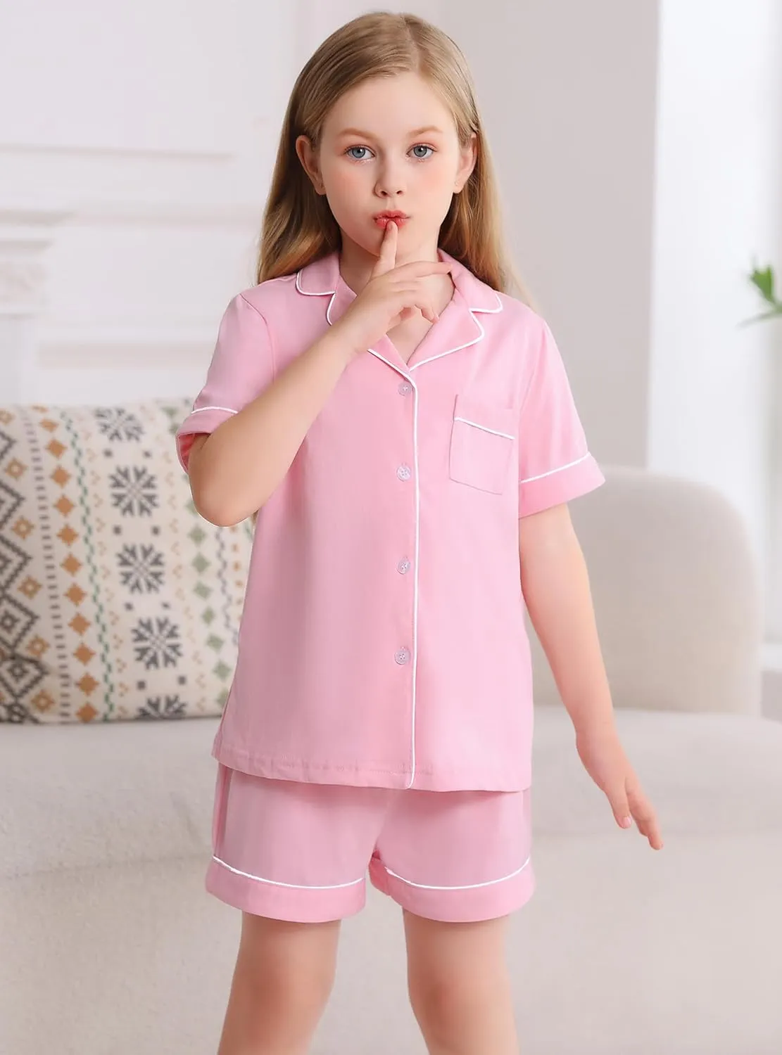 Veseacky Girls Pajamas Sets 100% Cotton PJ ButtonDown Short Sleeve 2 Piece Pajamas Set Boys Girls Pjs for Ages 5-14