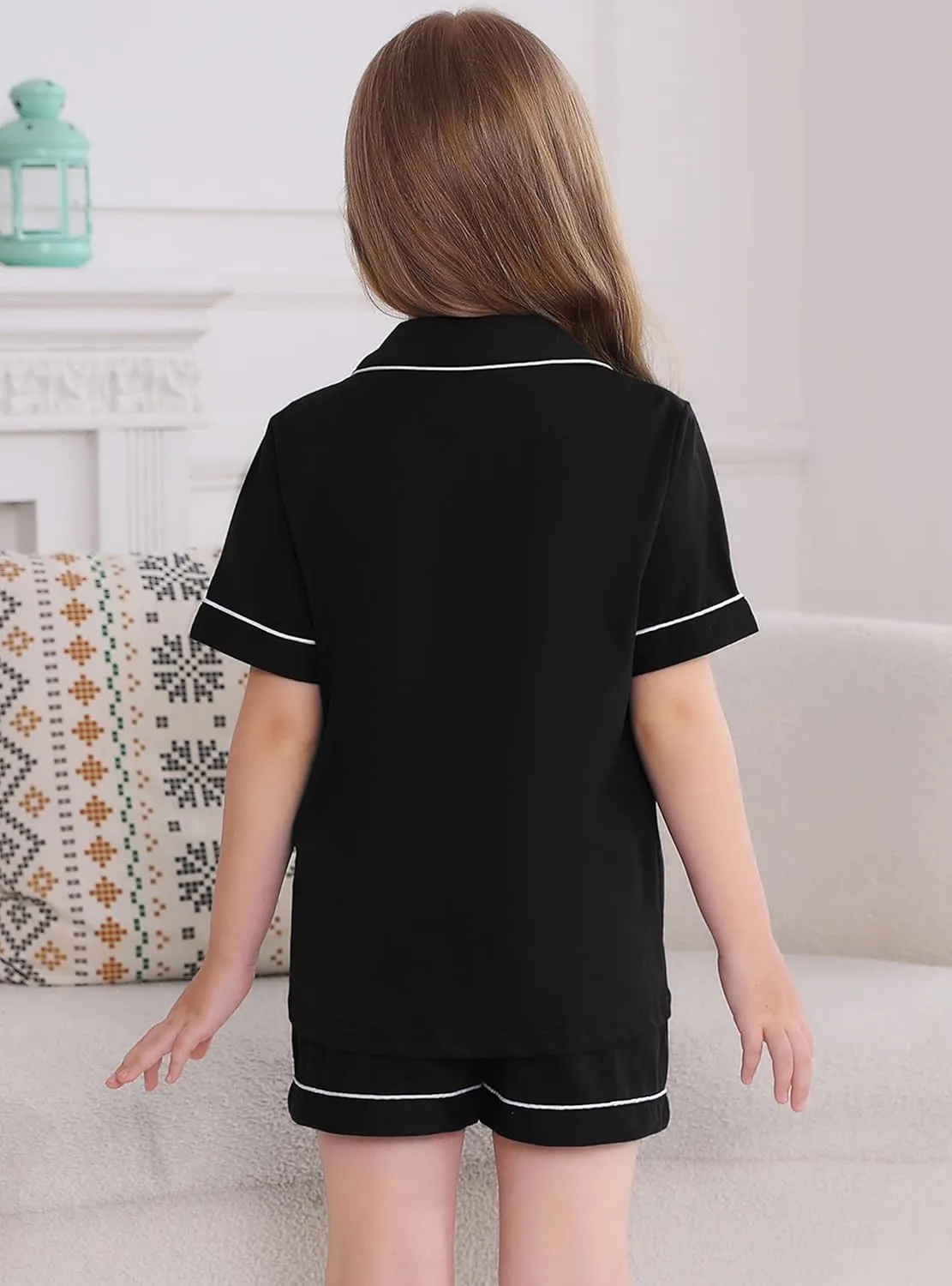 Veseacky Girls Pajamas Sets 100% Cotton PJ ButtonDown Short Sleeve 2 Piece Pajamas Set Boys Girls Pjs for Ages 5-14