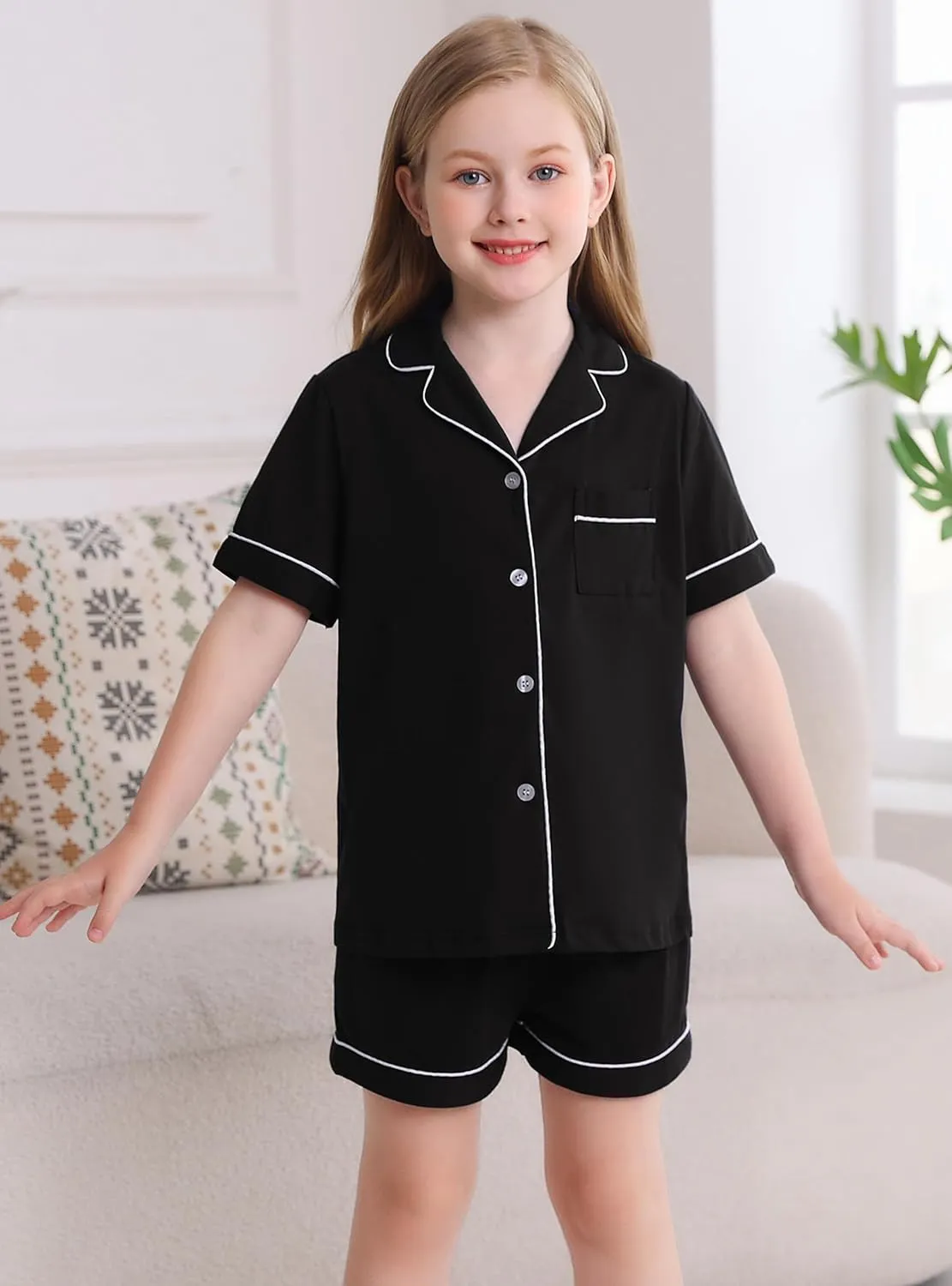 Veseacky Girls Pajamas Sets 100% Cotton PJ ButtonDown Short Sleeve 2 Piece Pajamas Set Boys Girls Pjs for Ages 5-14