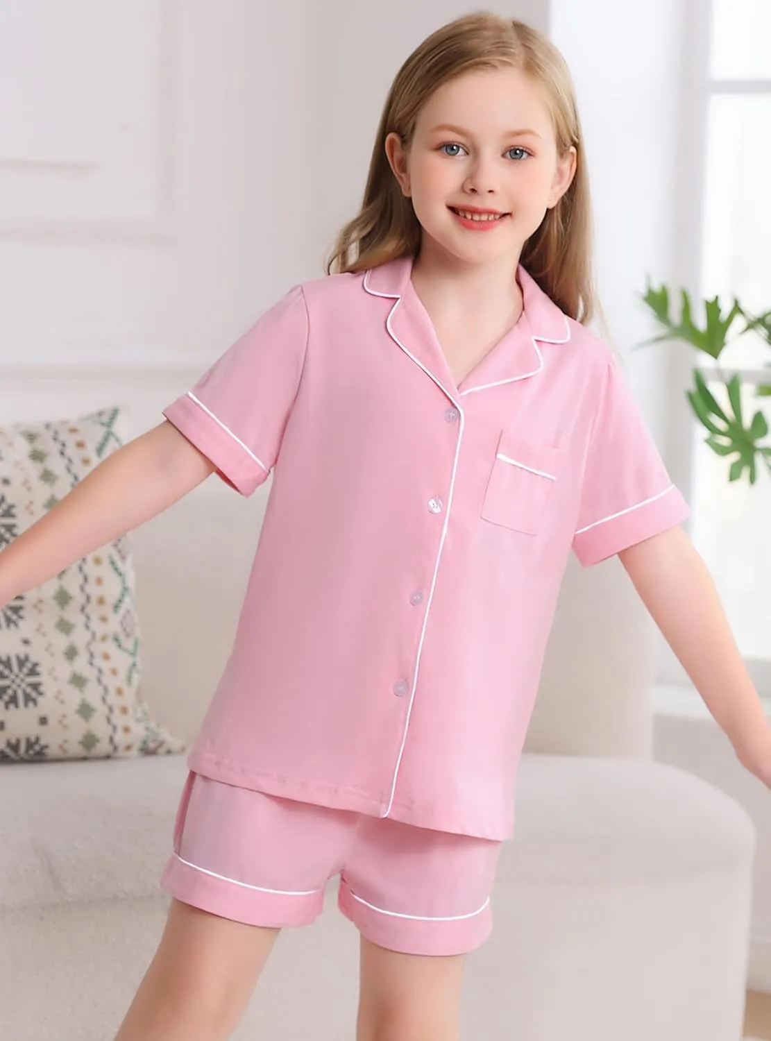 Veseacky Girls Pajamas Sets 100% Cotton PJ ButtonDown Short Sleeve 2 Piece Pajamas Set Boys Girls Pjs for Ages 5-14