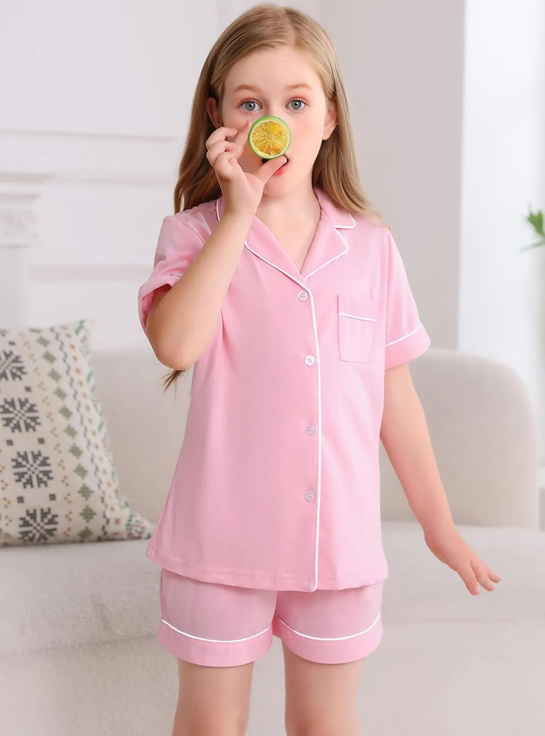 Veseacky Girls Pajamas Sets 100% Cotton PJ ButtonDown Short Sleeve 2 Piece Pajamas Set Boys Girls Pjs for Ages 5-14