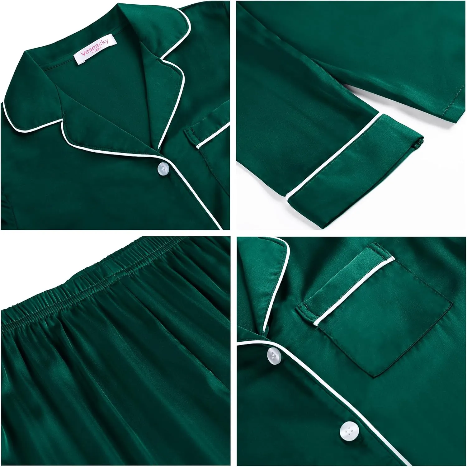 Veseacky Unisex Satin Pajamas Set Boys Girls Silk Pjs for Kids Long Sleeve 2 Piece Sleepwear Button-Down Nightwear(4-13T)