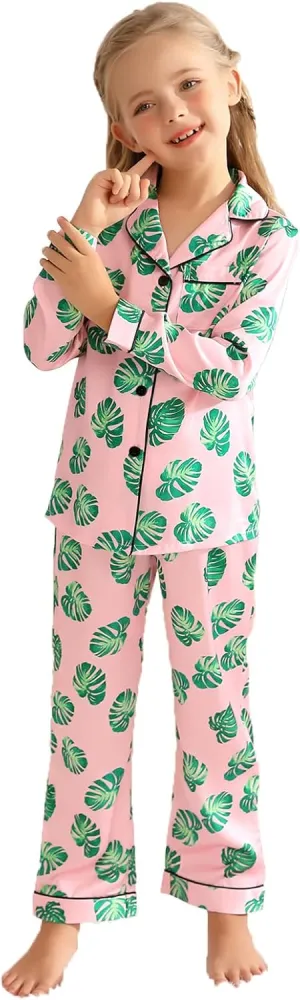 Veseacky Unisex Satin Pajamas Set Boys Girls Silk Pjs for Kids Long Sleeve 2 Piece Sleepwear Button-Down Nightwear(4-13T)