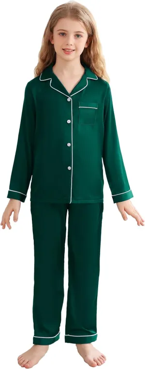 Veseacky Unisex Satin Pajamas Set Boys Girls Silk Pjs for Kids Long Sleeve 2 Piece Sleepwear Button-Down Nightwear(4-13T)