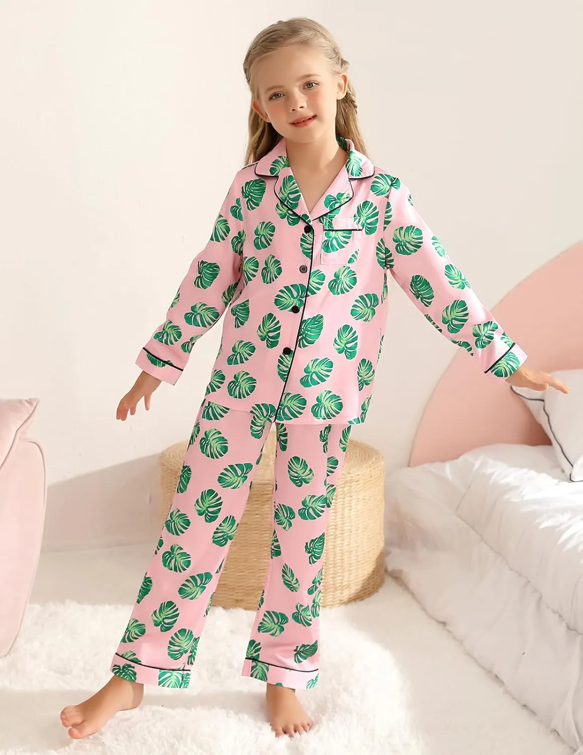 Veseacky Unisex Satin Pajamas Set Boys Girls Silk Pjs for Kids Long Sleeve 2 Piece Sleepwear Button-Down Nightwear(4-13T)