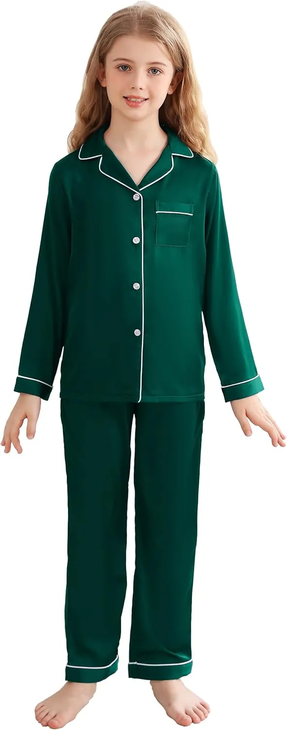Veseacky Unisex Satin Pajamas Set Boys Girls Silk Pjs for Kids Long Sleeve 2 Piece Sleepwear Button-Down Nightwear(4-13T)