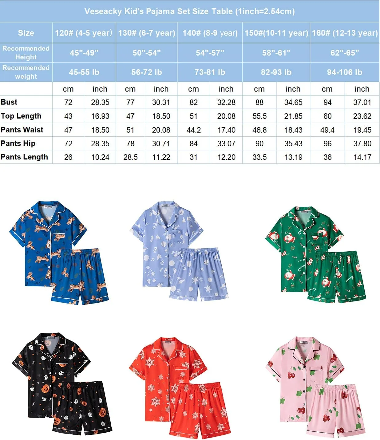 Veseacky Unisex Satin Pajamas Set Boys Girls Silk Pjs Short Sleeve 2 Piece Sleepwear Button-Down Kids Nightwear(4-13T)