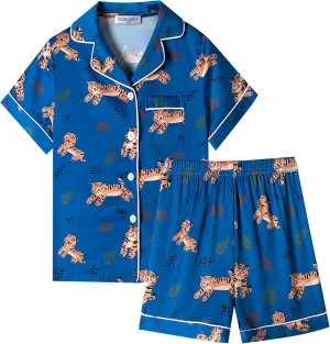 Veseacky Unisex Satin Pajamas Set Boys Girls Silk Pjs Short Sleeve 2 Piece Sleepwear Button-Down Kids Nightwear(4-13T)
