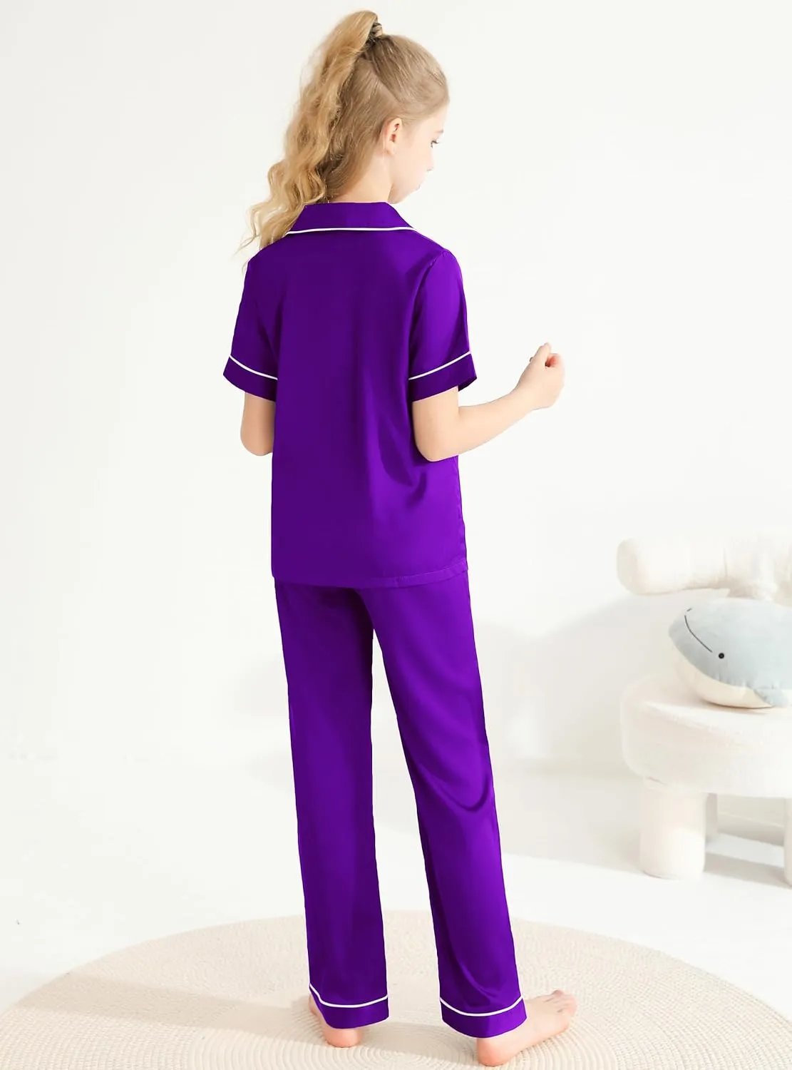 Veseacky Unisex Satin Pajamas Set Girls Boys Silk Pjs Long Pant Short Sleeve Sleepwear Button-Down Kids Nightwear(4-13T)