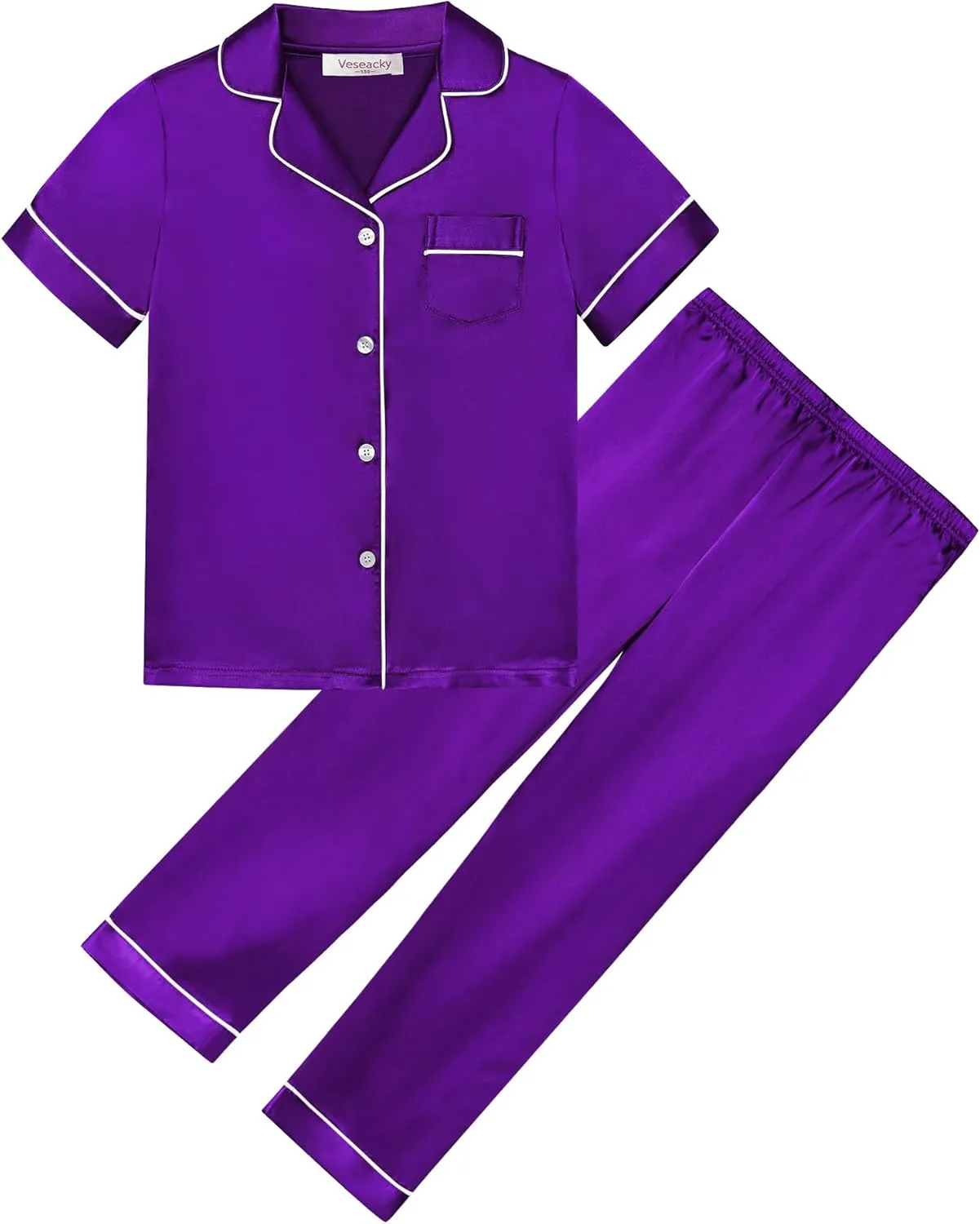 Veseacky Unisex Satin Pajamas Set Girls Boys Silk Pjs Long Pant Short Sleeve Sleepwear Button-Down Kids Nightwear(4-13T)