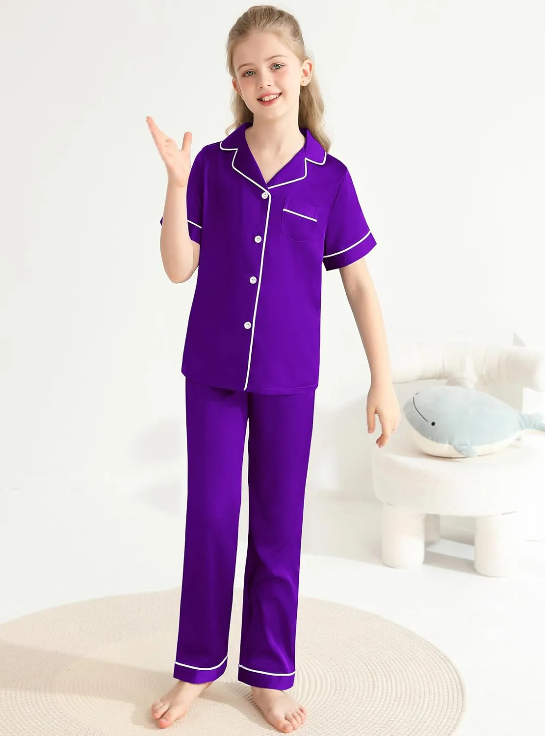 Veseacky Unisex Satin Pajamas Set Girls Boys Silk Pjs Long Pant Short Sleeve Sleepwear Button-Down Kids Nightwear(4-13T)