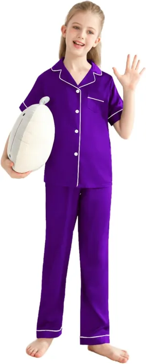 Veseacky Unisex Satin Pajamas Set Girls Boys Silk Pjs Long Pant Short Sleeve Sleepwear Button-Down Kids Nightwear(4-13T)