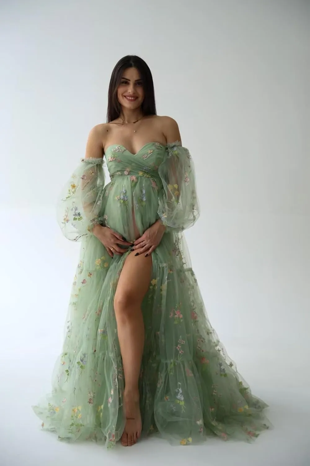 Wchecalino Flower Embroidery Tulle Maternity Dresses for Photoshoot Ruffles Puffy Sleeve Long Robes for Baby Shower