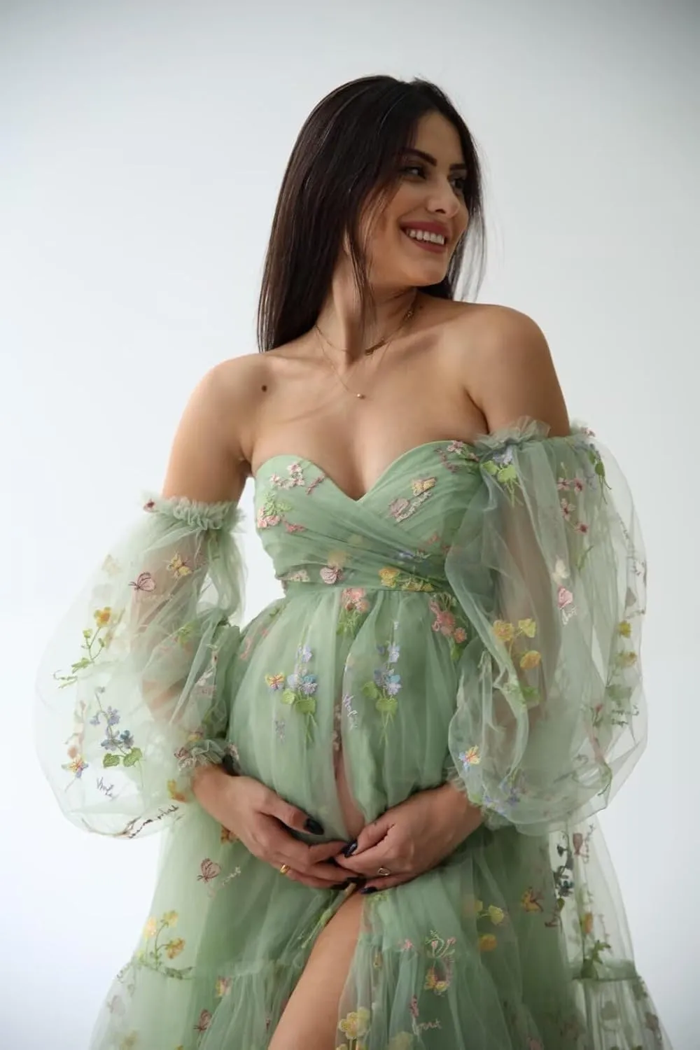 Wchecalino Flower Embroidery Tulle Maternity Dresses for Photoshoot Ruffles Puffy Sleeve Long Robes for Baby Shower