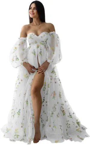 Wchecalino Flower Embroidery Tulle Maternity Dresses for Photoshoot Ruffles Puffy Sleeve Long Robes for Baby Shower