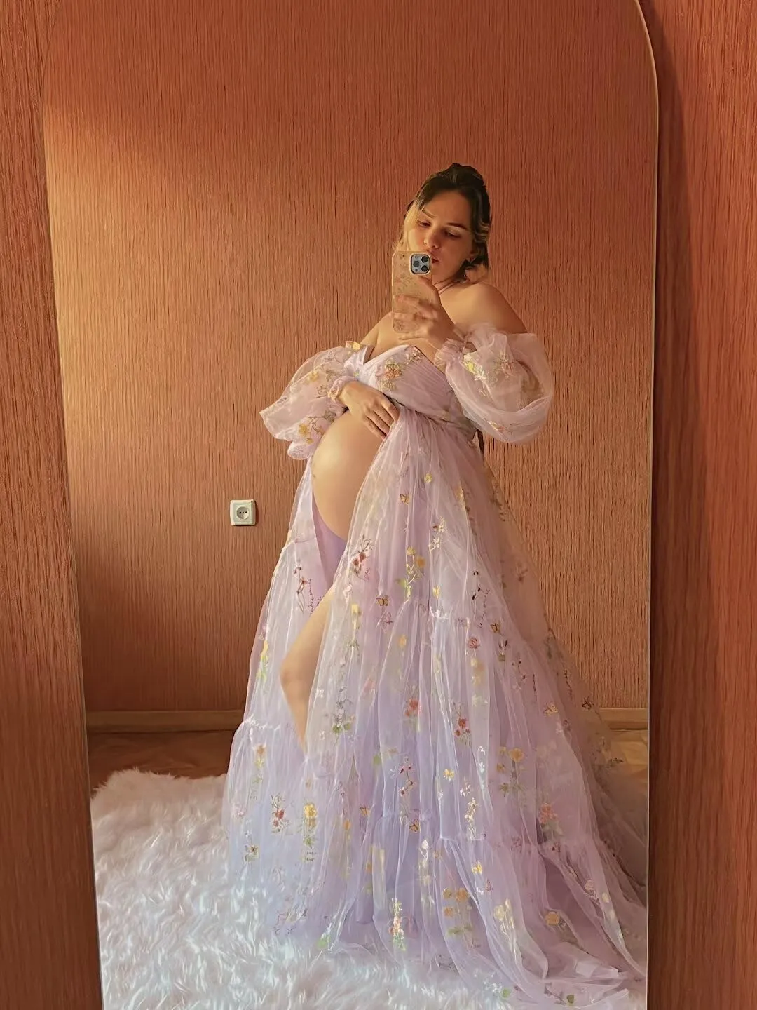 Wchecalino Flower Embroidery Tulle Maternity Dresses for Photoshoot Ruffles Puffy Sleeve Long Robes for Baby Shower