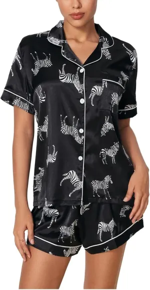 WDIRARA Women's Sleepwear Satin Short Sleeve Button Shirt and Shorts Pajama Set