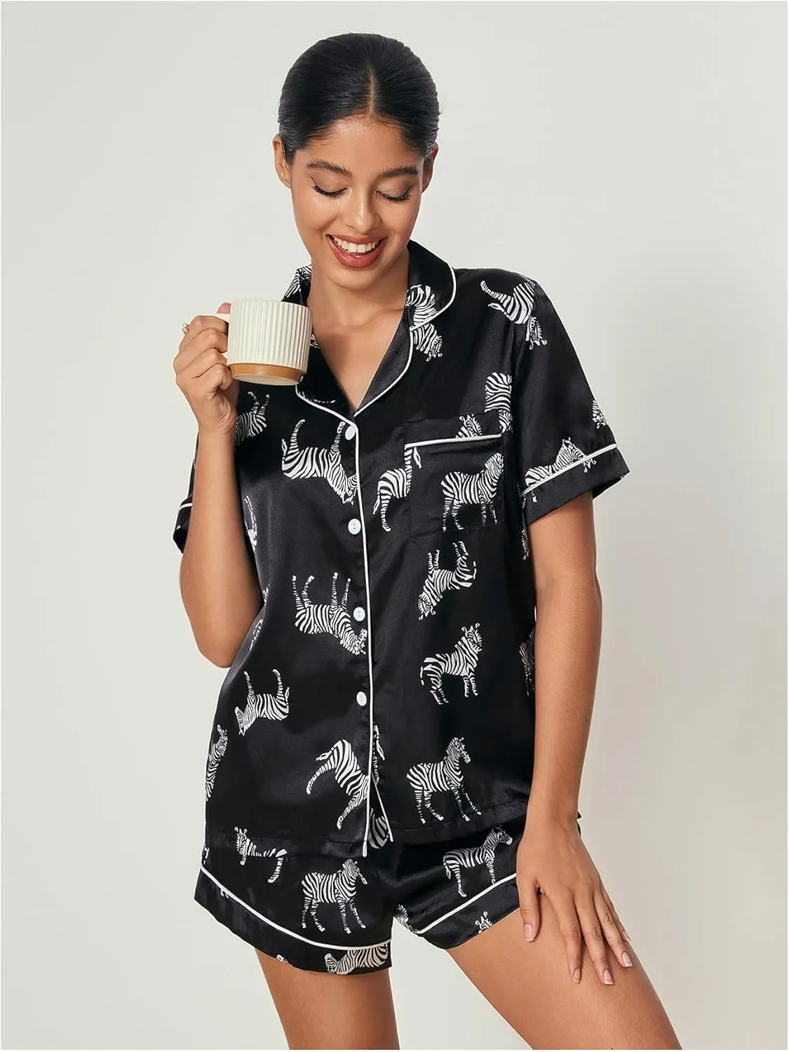 WDIRARA Women's Sleepwear Satin Short Sleeve Button Shirt and Shorts Pajama Set