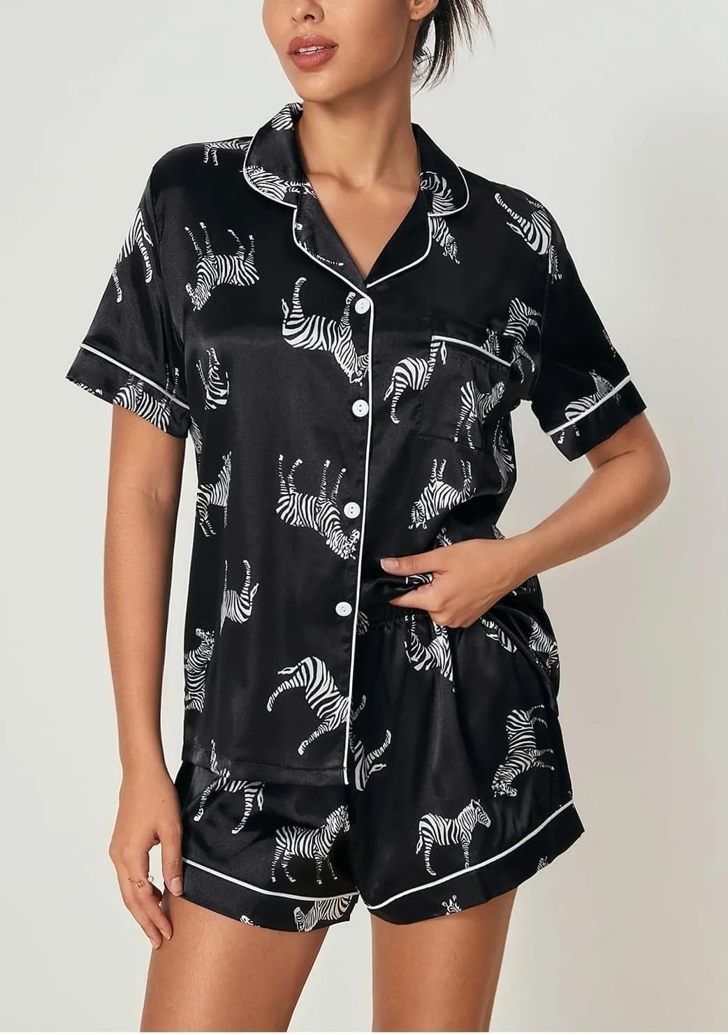 WDIRARA Women's Sleepwear Satin Short Sleeve Button Shirt and Shorts Pajama Set