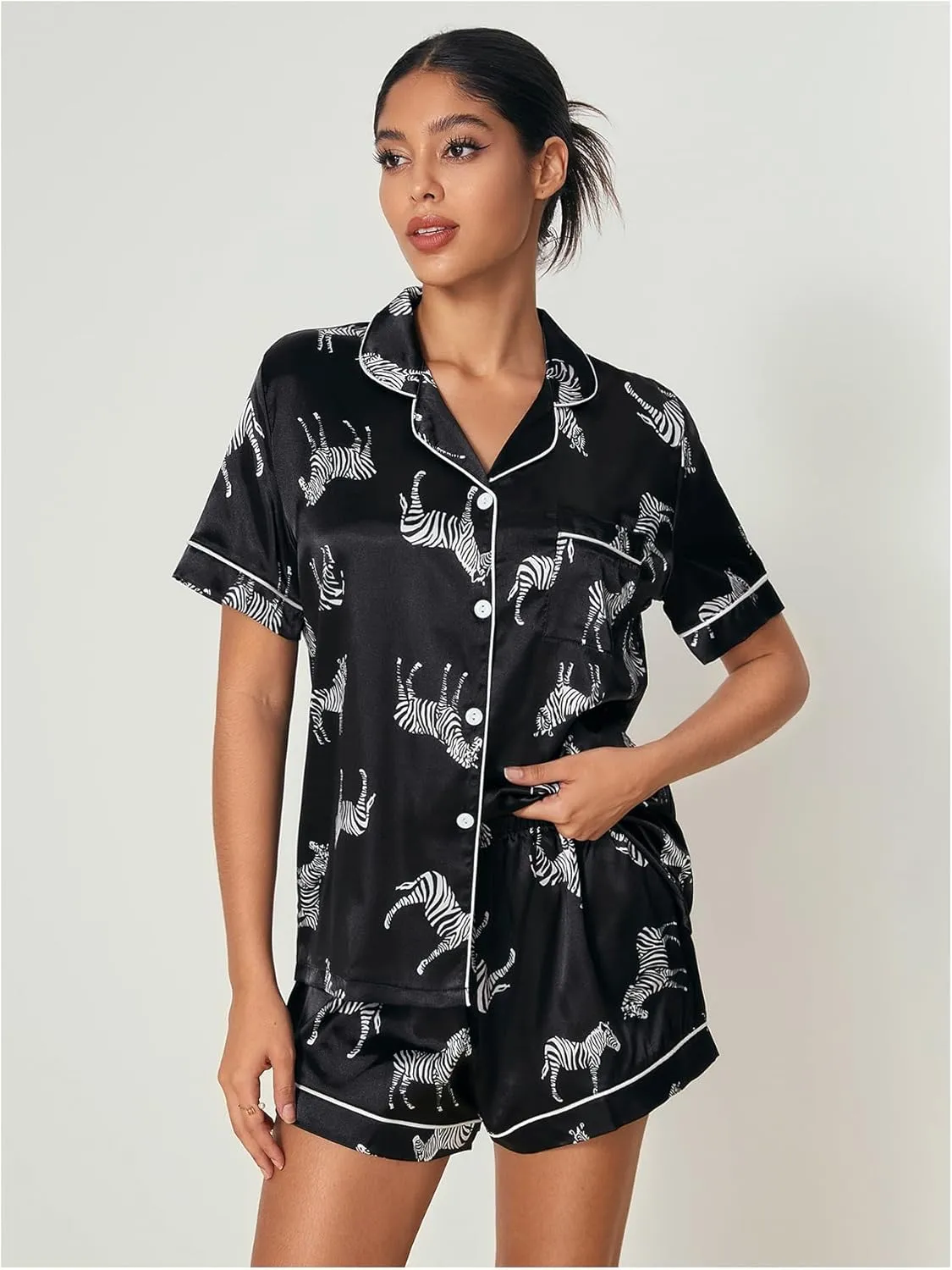 WDIRARA Women's Sleepwear Satin Short Sleeve Button Shirt and Shorts Pajama Set