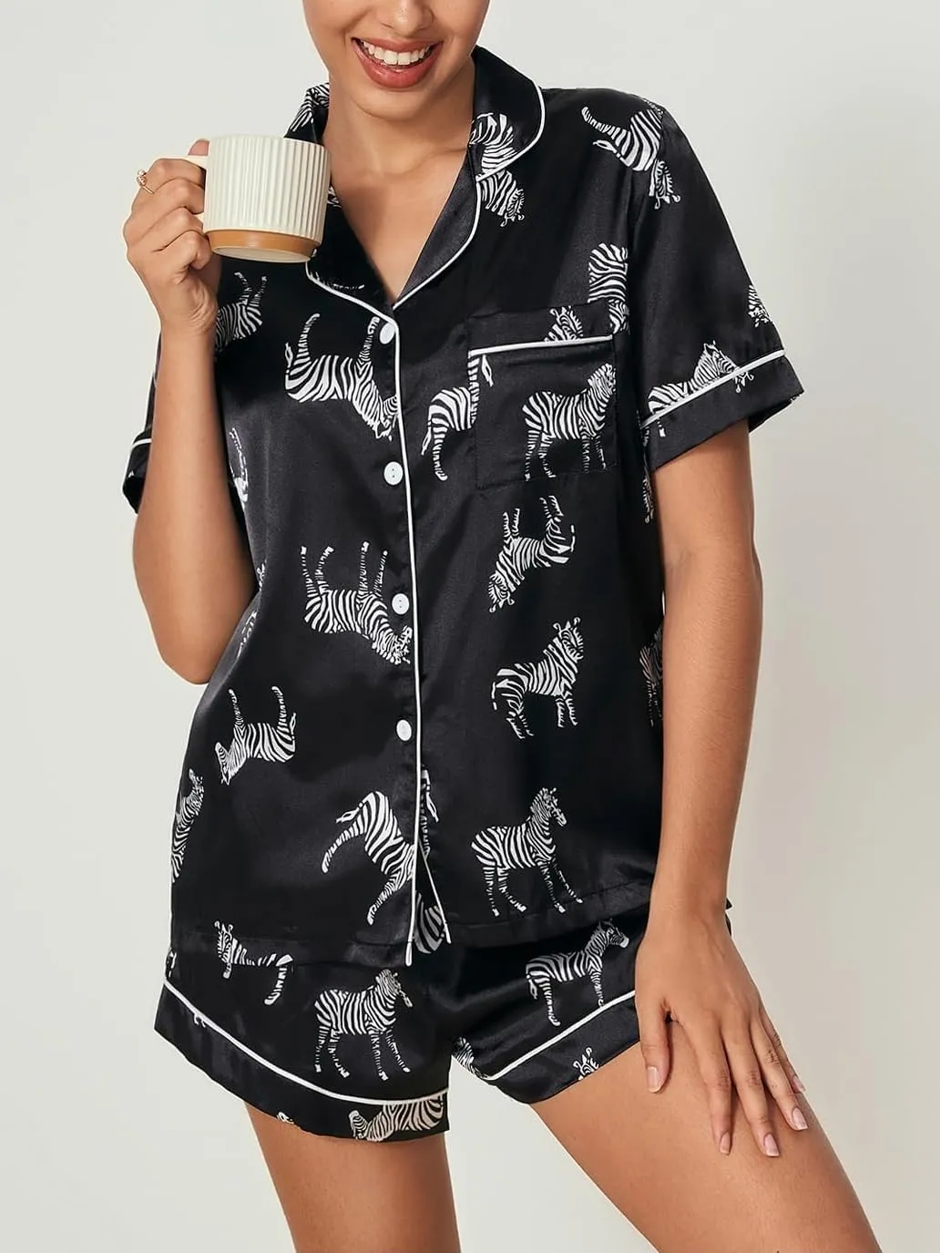 WDIRARA Women's Sleepwear Satin Short Sleeve Button Shirt and Shorts Pajama Set