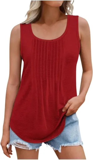 Wkishenl Womens Tank Tops Pleated Crew Neck Sleeveless Tops Plus Size Solid Color Tunic Tops Loose Fit Dressy Casual Blouse