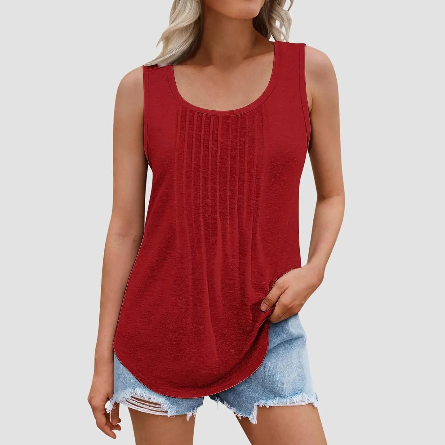 Wkishenl Womens Tank Tops Pleated Crew Neck Sleeveless Tops Plus Size Solid Color Tunic Tops Loose Fit Dressy Casual Blouse