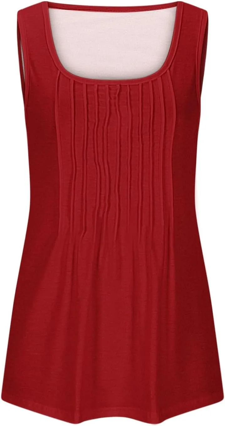 Wkishenl Womens Tank Tops Pleated Crew Neck Sleeveless Tops Plus Size Solid Color Tunic Tops Loose Fit Dressy Casual Blouse