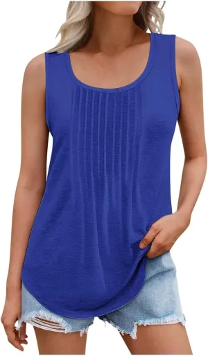 Wkishenl Womens Tank Tops Pleated Crew Neck Sleeveless Tops Plus Size Solid Color Tunic Tops Loose Fit Dressy Casual Blouse