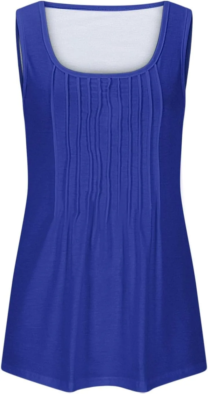 Wkishenl Womens Tank Tops Pleated Crew Neck Sleeveless Tops Plus Size Solid Color Tunic Tops Loose Fit Dressy Casual Blouse