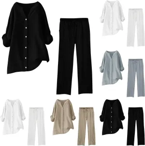 Women 2 Piece Cotton Linen Outfits Casual Roll Up Sleeve Button Shirts with Pockets Elastic Waist Wide Leg Pants Sets