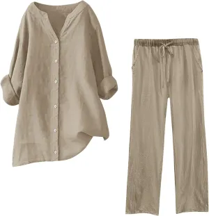Women 2 Piece Cotton Linen Outfits Casual Roll Up Sleeve Button Shirts with Pockets Elastic Waist Wide Leg Pants Sets