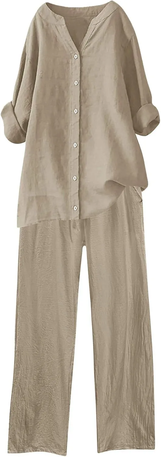 Women 2 Piece Cotton Linen Outfits Casual Roll Up Sleeve Button Shirts with Pockets Elastic Waist Wide Leg Pants Sets