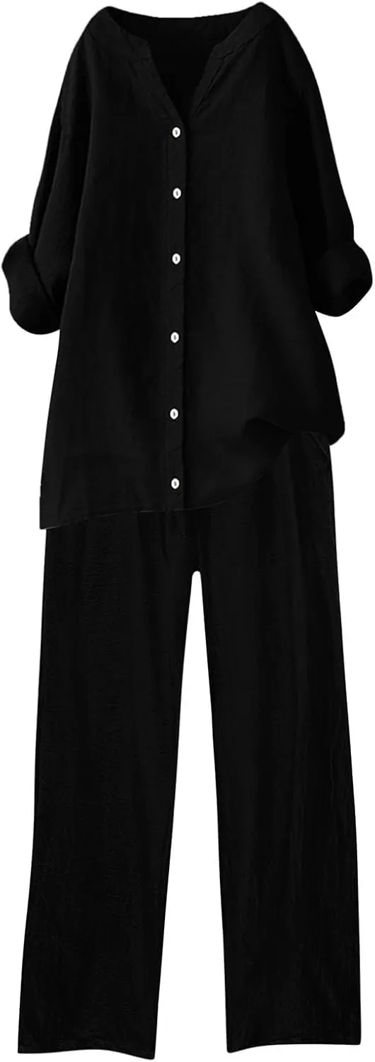 Women 2 Piece Cotton Linen Outfits Casual Roll Up Sleeve Button Shirts with Pockets Elastic Waist Wide Leg Pants Sets