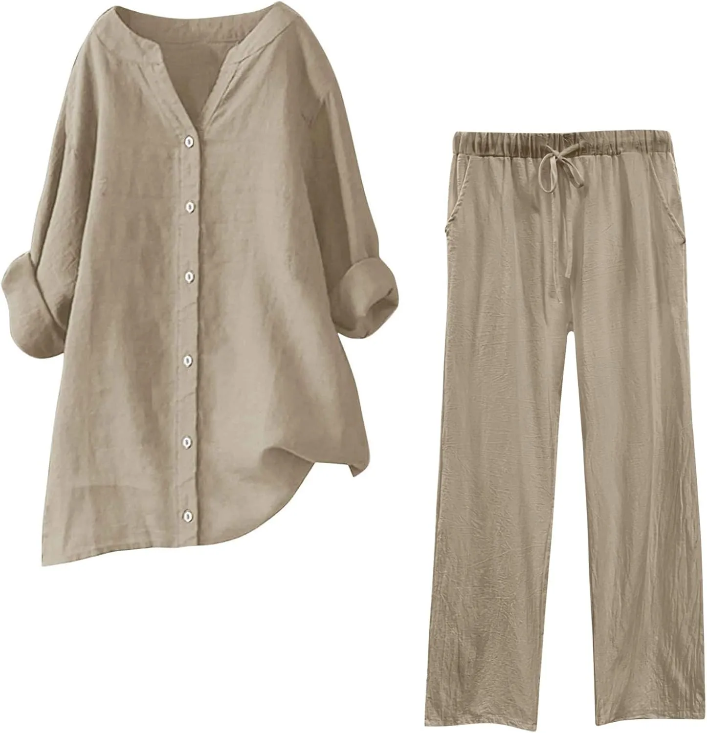 Women 2 Piece Cotton Linen Outfits Casual Roll Up Sleeve Button Shirts with Pockets Elastic Waist Wide Leg Pants Sets