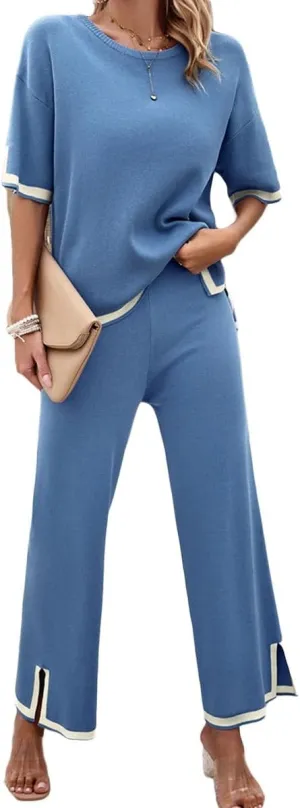 Women 2 Piece Lounge Sets Sweater Pajama Sets Knit Pullover Tops and Wide Leg Pants Matching Outfits