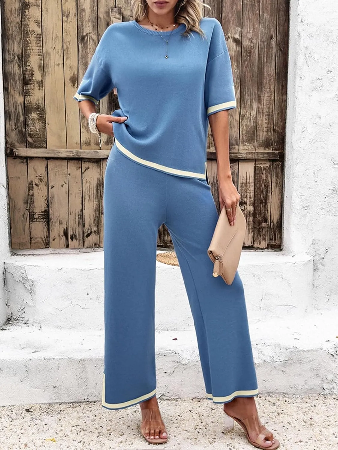 Women 2 Piece Lounge Sets Sweater Pajama Sets Knit Pullover Tops and Wide Leg Pants Matching Outfits