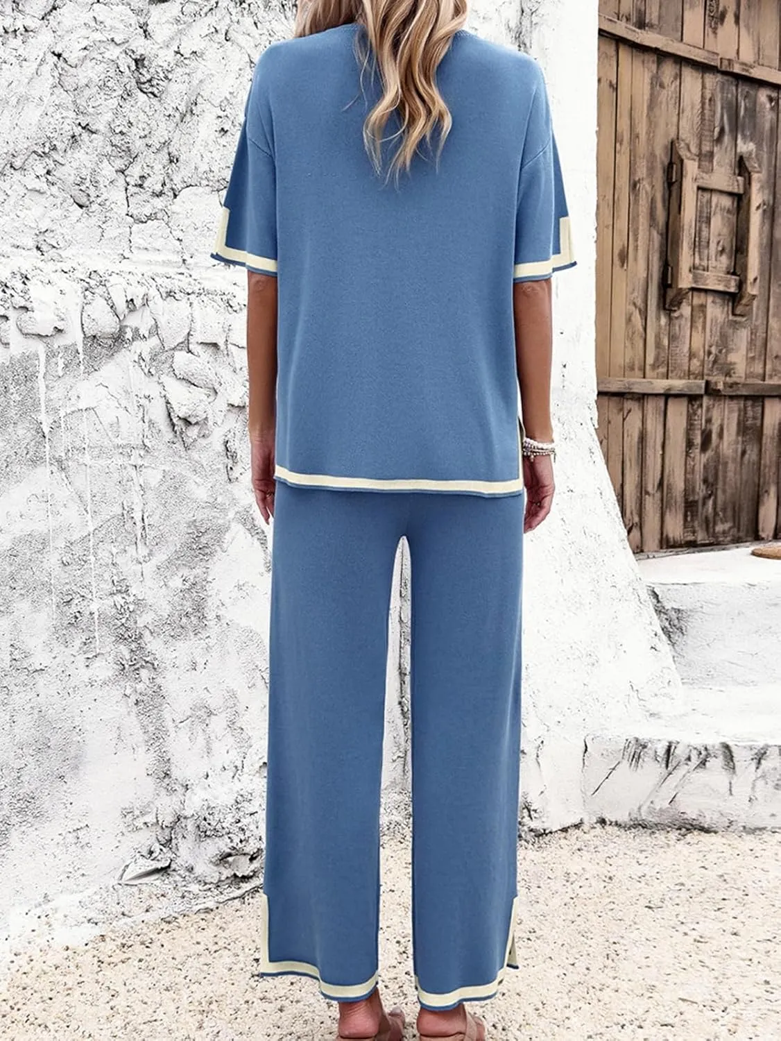 Women 2 Piece Lounge Sets Sweater Pajama Sets Knit Pullover Tops and Wide Leg Pants Matching Outfits