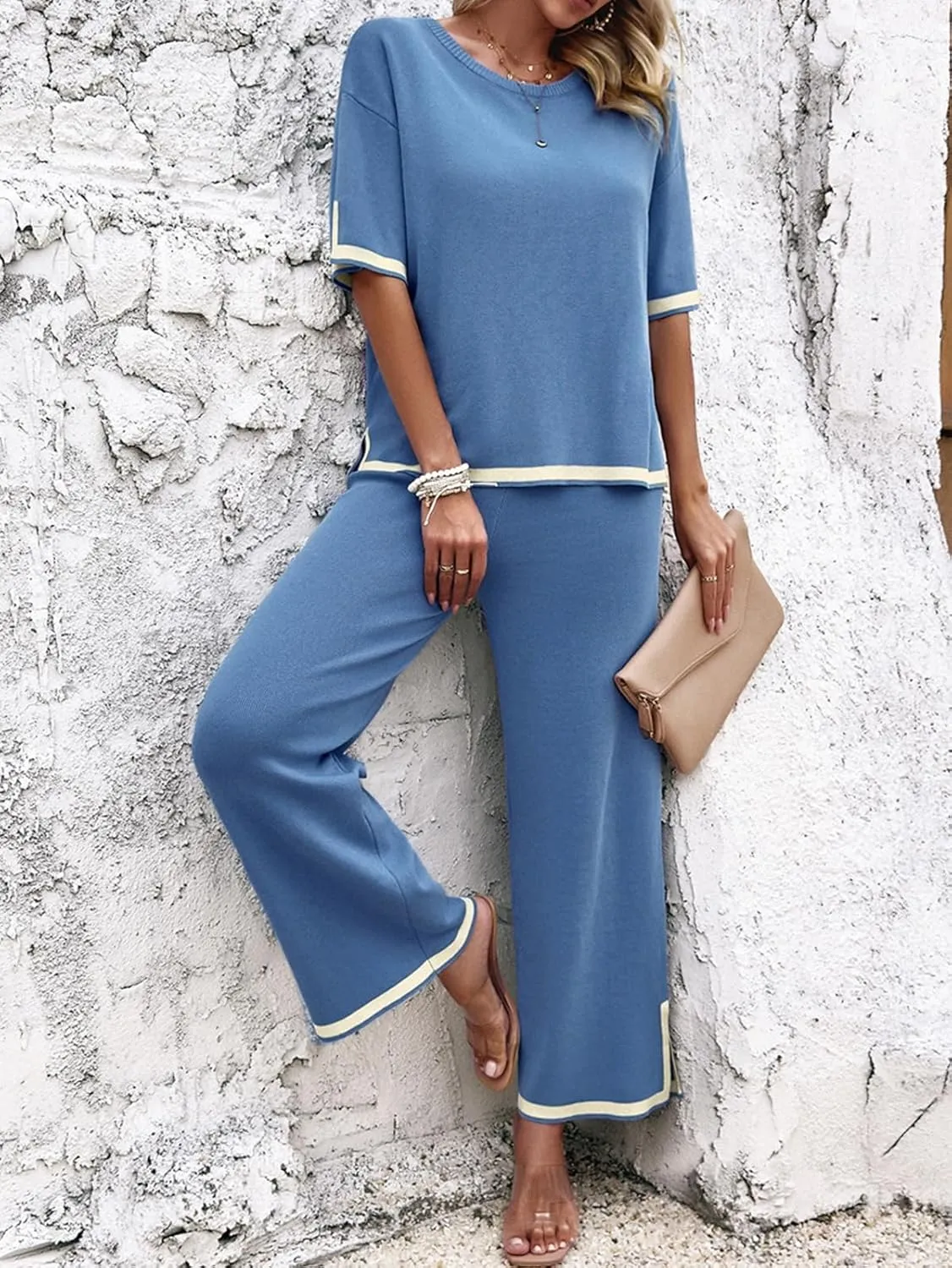 Women 2 Piece Lounge Sets Sweater Pajama Sets Knit Pullover Tops and Wide Leg Pants Matching Outfits