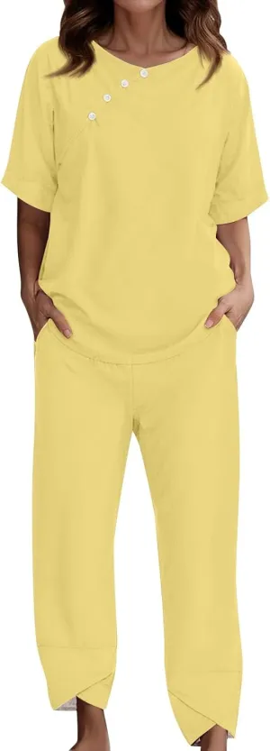 Women Casual Cotton Linen Sets Oversized T Shirts Capri Pants 2025 Resort Wear Two Piece Summer Outfits Plus Size