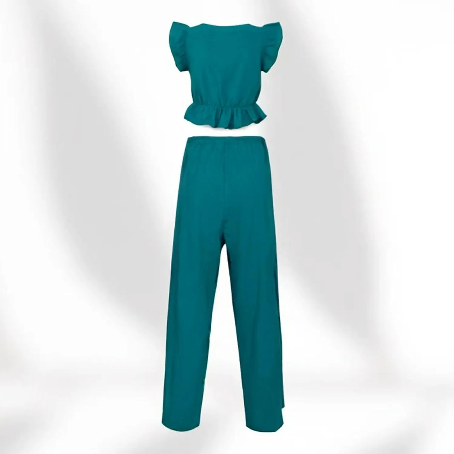 Women Casual Summer 2 Piece Sets Fashion Sexy Ruffle Deep V Neck Crop Tops and Loose High Split Drawstring Wide Leg Pants