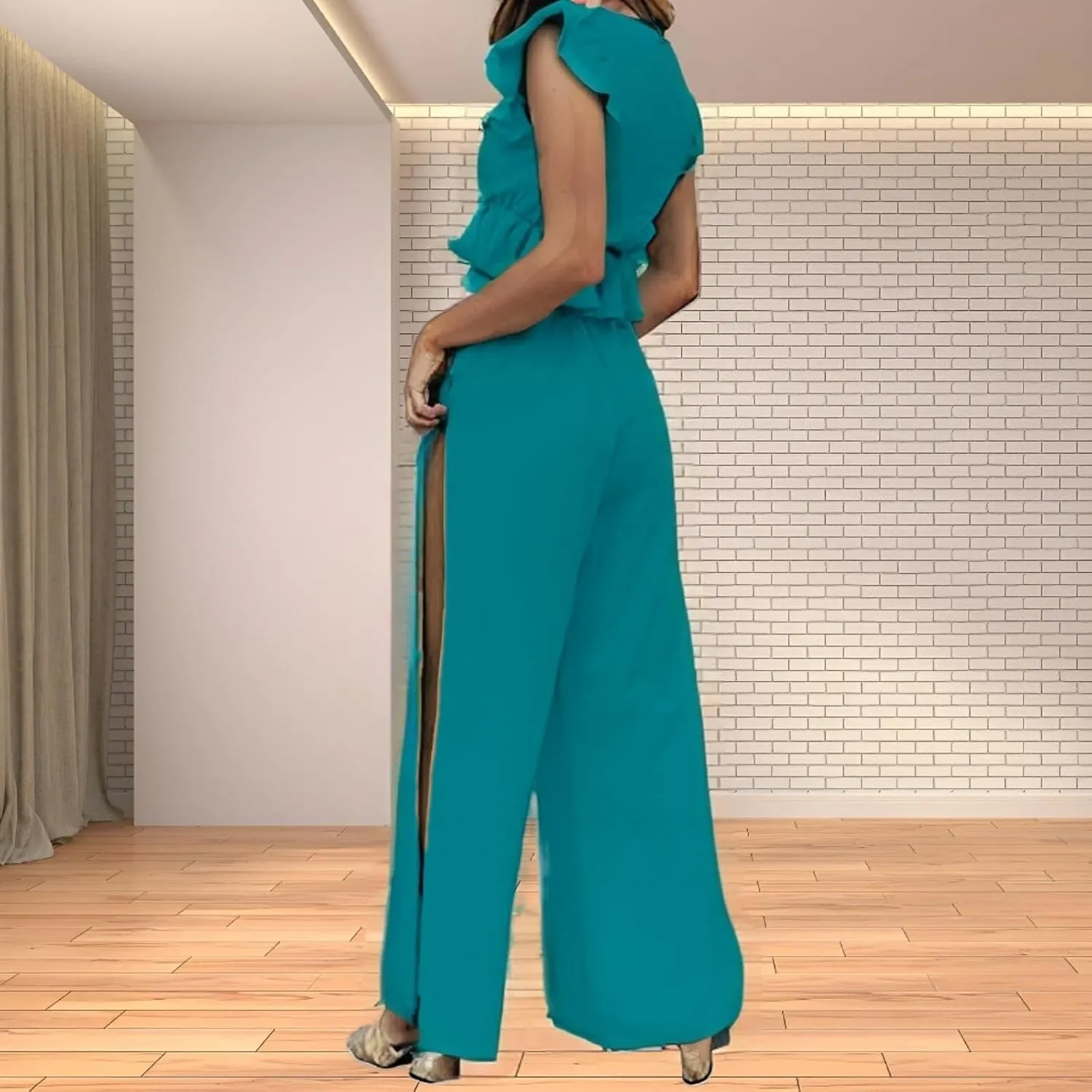 Women Casual Summer 2 Piece Sets Fashion Sexy Ruffle Deep V Neck Crop Tops and Loose High Split Drawstring Wide Leg Pants