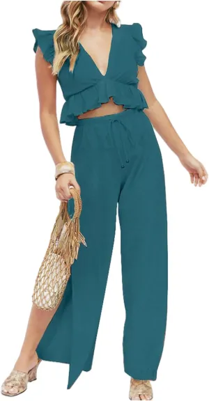 Women Casual Summer 2 Piece Sets Fashion Sexy Ruffle Deep V Neck Crop Tops and Loose High Split Drawstring Wide Leg Pants