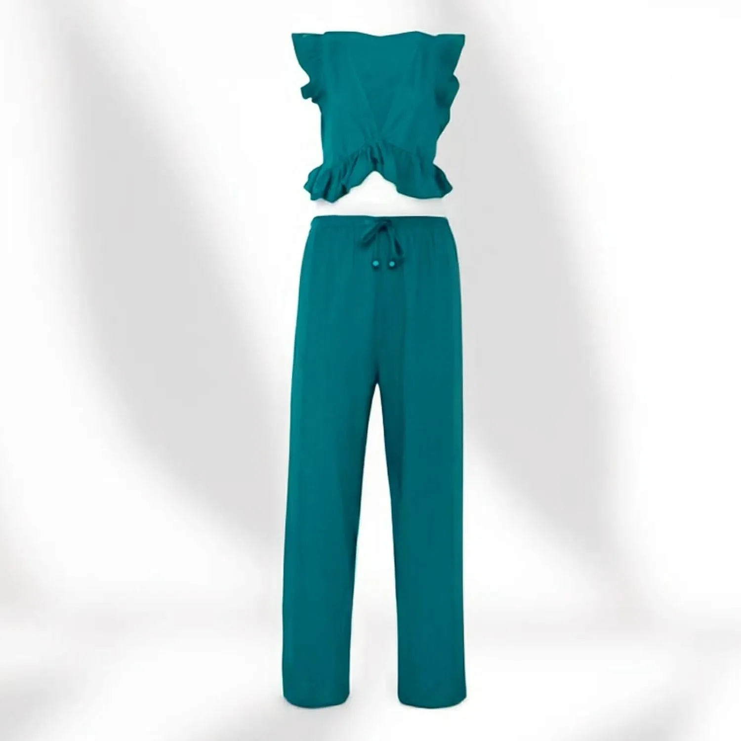 Women Casual Summer 2 Piece Sets Fashion Sexy Ruffle Deep V Neck Crop Tops and Loose High Split Drawstring Wide Leg Pants