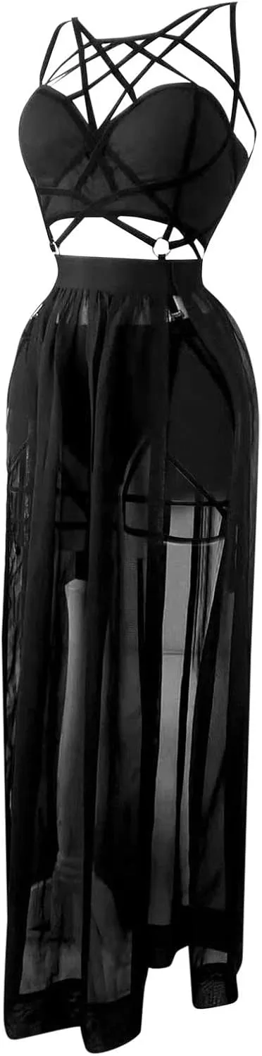 Women Gothic Lingerie Lace Babydoll 3 PC Sheer Mesh Long Dresses Front Criss-Cross Crop Top and Skirt Lingerie